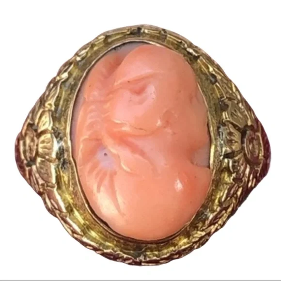 Antique Victorian 1800s 14k solid gold Coral cameo ring carved flowers etched - Picture 1 of 10